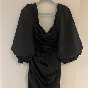 Elegant Black Cocktail Gown with Cowl Neck and Bishop Sleeves